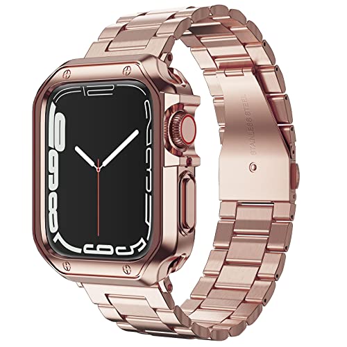 MRYUESG Designed for Apple Watch Band and Case, Stainless Steel Metal Chain with TPU Cover, Smart-Watch Link Bracelet Strap, Wrist-Band for i-Watch Series 9 8 7 6 5 4 3 2 1 SE, 45mm 44mm 42mm, Rose-Gold - Image 1