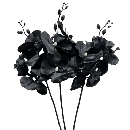 Corkwaw 3Pcs Artificial Fake Flowers Butterfly Orchid Silk Plant Real Touch phalaenopsis is Used in Offices Dining Table Centers Weddings Home Decoration Black - Image 1