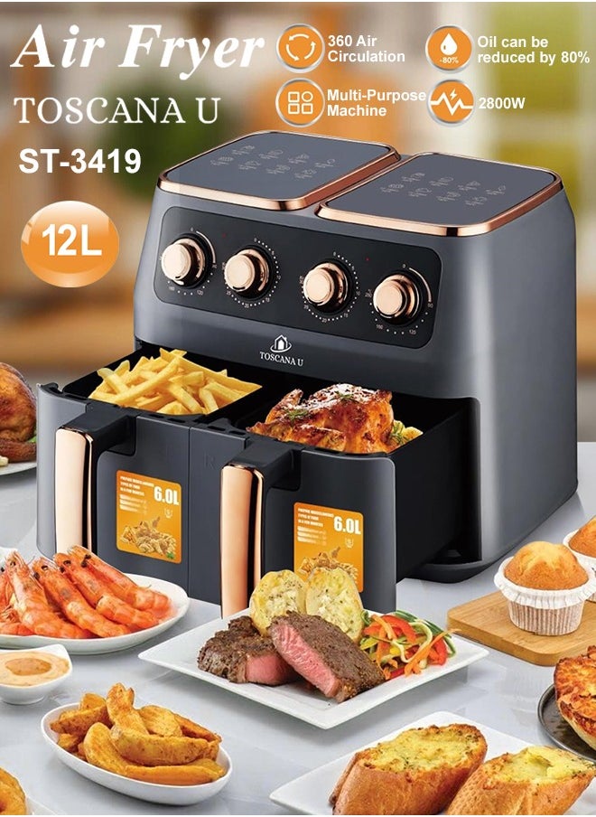 TOSCANA U 12 Liter 2800W Double Air Fryer with Variable Temperature Control 