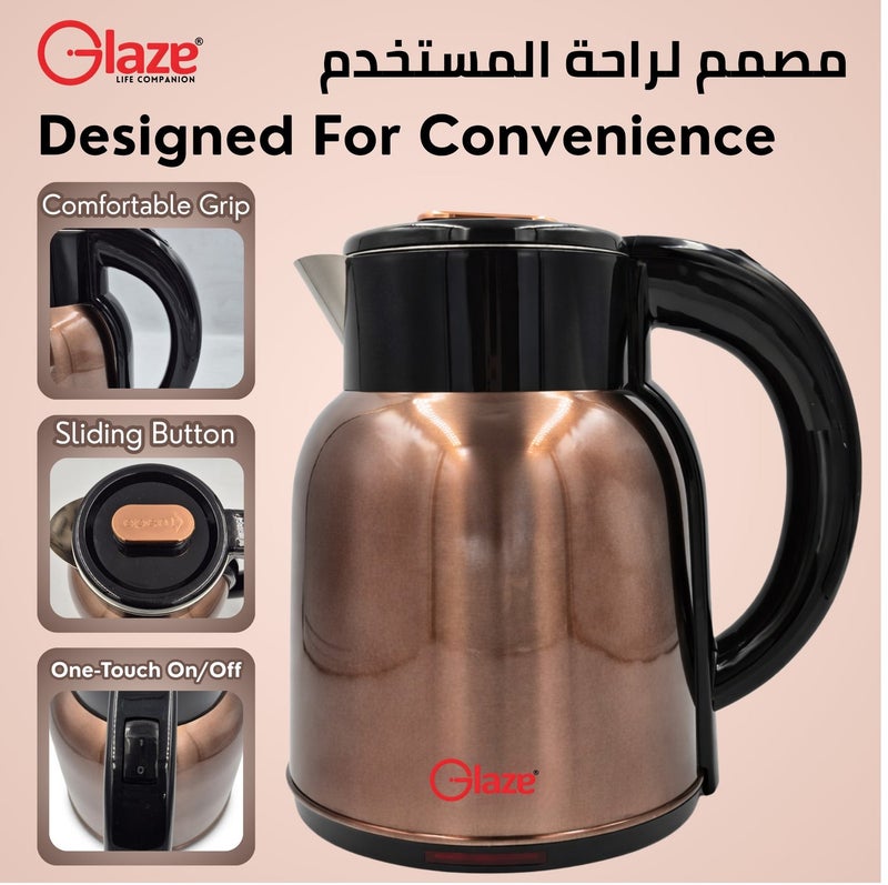 جليز غلاية كهربائية من الستانلس ستيل بسعة 2.0 لتر بقوة 1500 واط للغليان السريع | جسم مزدوج الجدار، إيقاف تلقائي، قاعدة دوارة 360°، غلاية للشاي والقهوة بدون سلك مع قابس 3 دبابيس بريطاني للاستخدام المنزلي والمكتبي - Image 5
