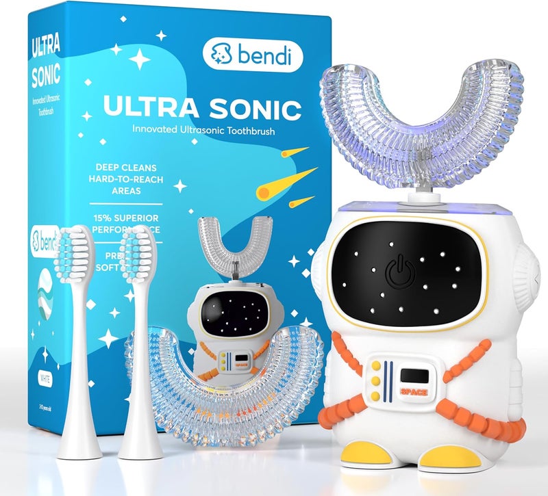 Bendi Sensory 360 Round U-Shaped Astronaut Design Mouthguard Electric Toothbrush for Kids Ages 2-7 - Automatic Memory Function - 5 Modes Toothbrush with Multiple Heads – Kids Travel Essentials (White) - Image 1