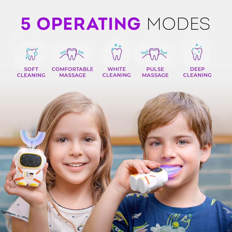 Bendi Sensory 360 Round U-Shaped Astronaut Design Mouthguard Electric Toothbrush for Kids Ages 2-7 - Automatic Memory Function - 5 Modes Toothbrush with Multiple Heads – Kids Travel Essentials (White) - Image 4