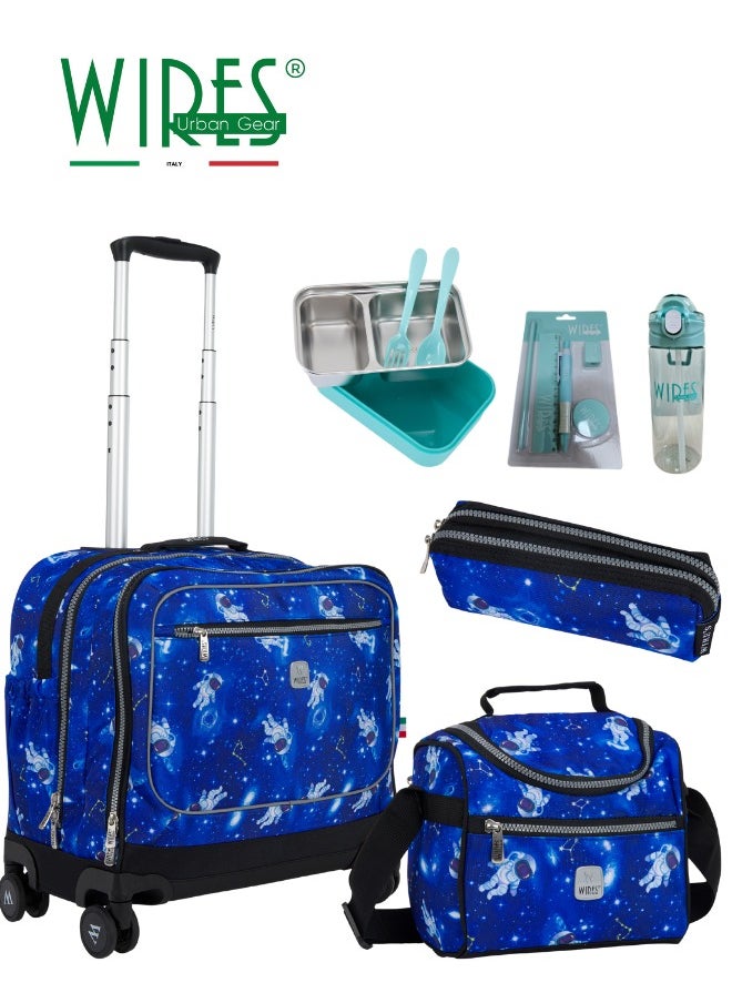 Wires 3 Piece Kids School Trolley Bag laptop compartment 8 Wheels With Lunch bag & Pencil Case  - Image 1