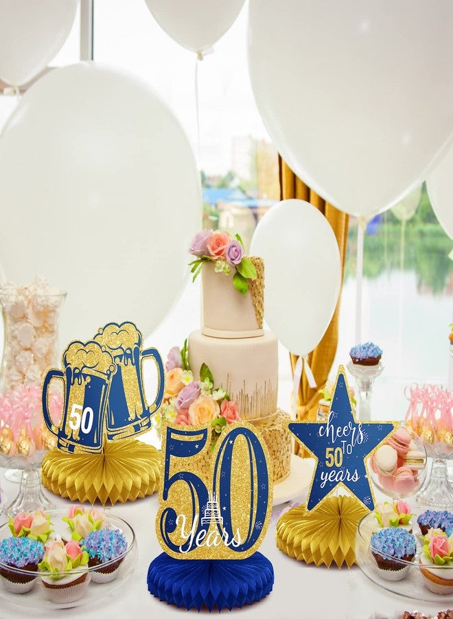 Spakon 8 Pieces 50th Birthday Decorations Glitter 50th Happy Birthday Honeycomb Centerpieces for Tables Fifty Years Blue and Gold Party Decorations Men and Woman Birthday Decorations - Image 3