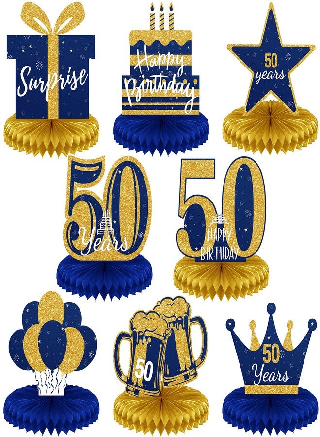 Spakon 8 Pieces 50th Birthday Decorations Glitter 50th Happy Birthday Honeycomb Centerpieces for Tables Fifty Years Blue and Gold Party Decorations Men and Woman Birthday Decorations - Image 1