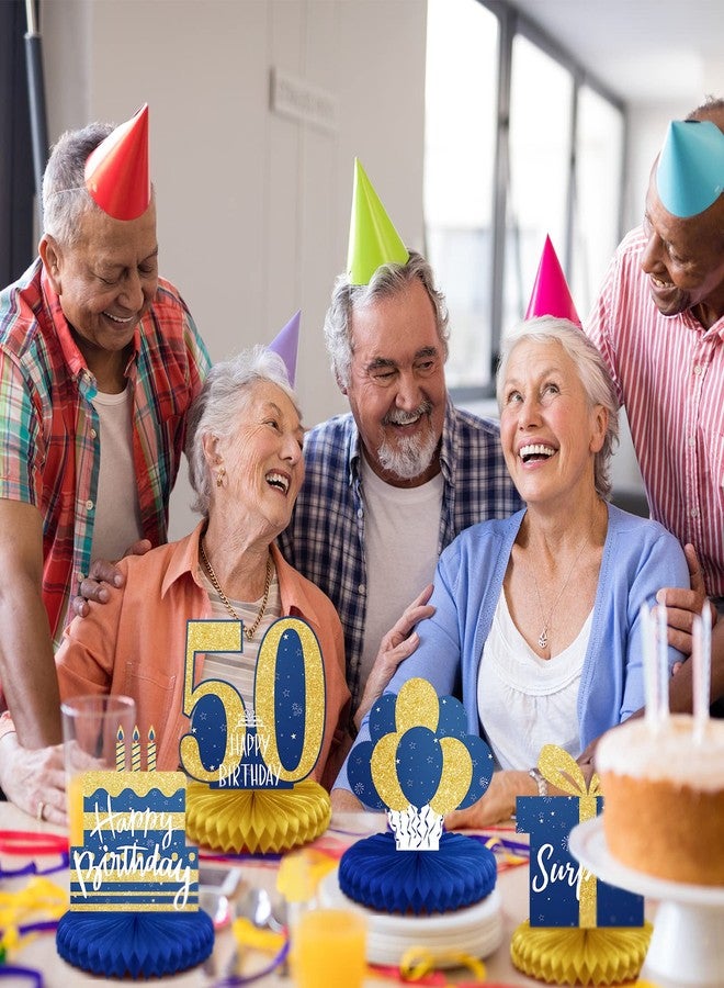 Spakon 8 Pieces 50th Birthday Decorations Glitter 50th Happy Birthday Honeycomb Centerpieces for Tables Fifty Years Blue and Gold Party Decorations Men and Woman Birthday Decorations - Image 5