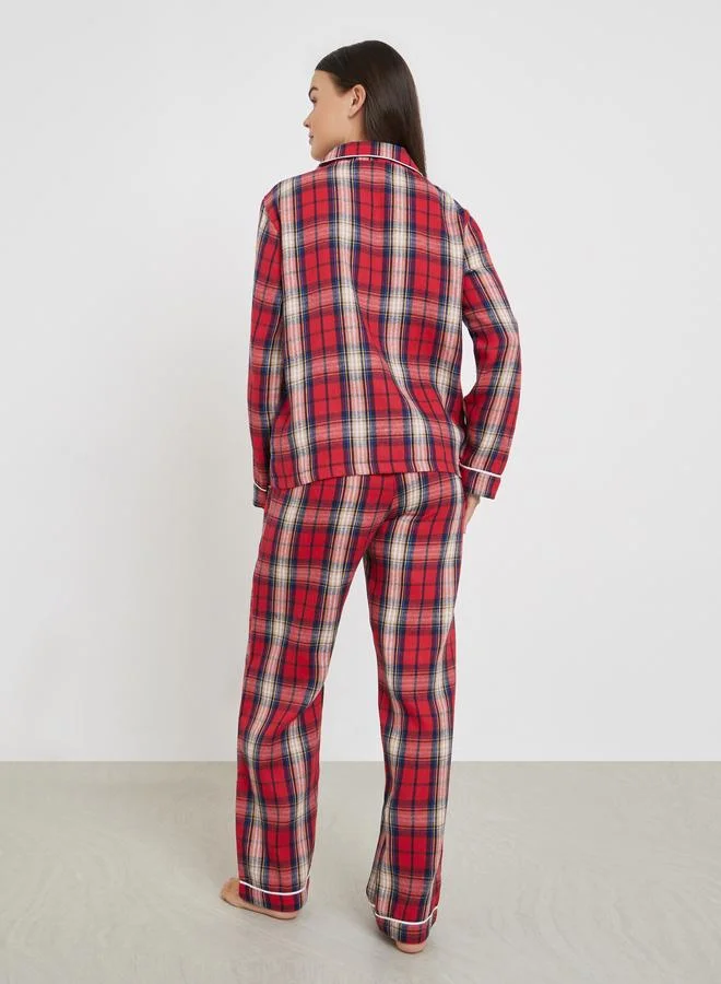 Styli Red Styli Family Pyjamas - Women Check Pocket Piped Shirt and Pyjama Set for Women | Best Price UAE