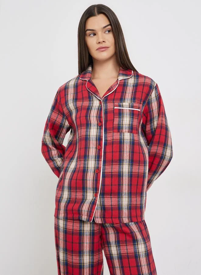 Styli Red Styli Family Pyjamas - Women Check Pocket Piped Shirt and Pyjama Set for Women | Best Price UAE