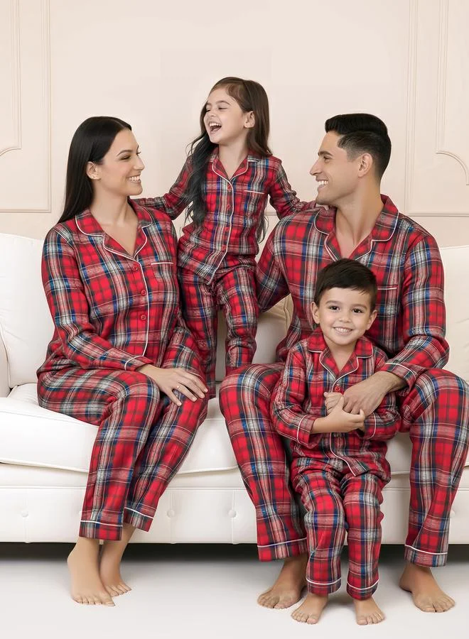 Styli Red Styli Family Pyjamas - Women Check Pocket Piped Shirt and Pyjama Set for Women | Best Price UAE