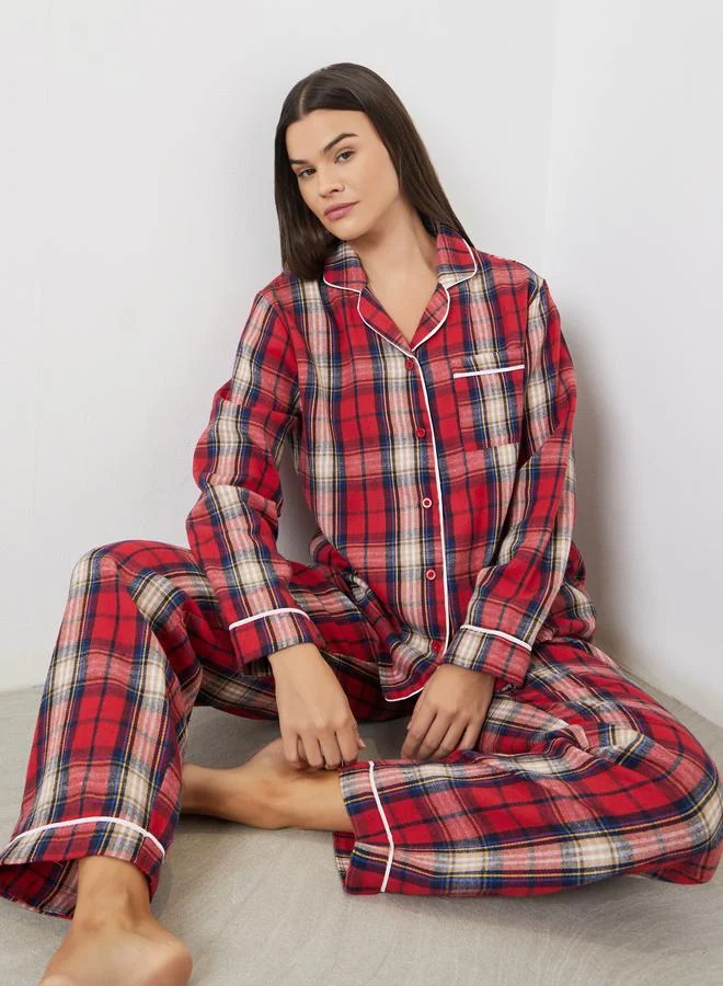 Styli Styli Family Pyjamas - Women Check Pocket Piped Shirt and Pyjama Set