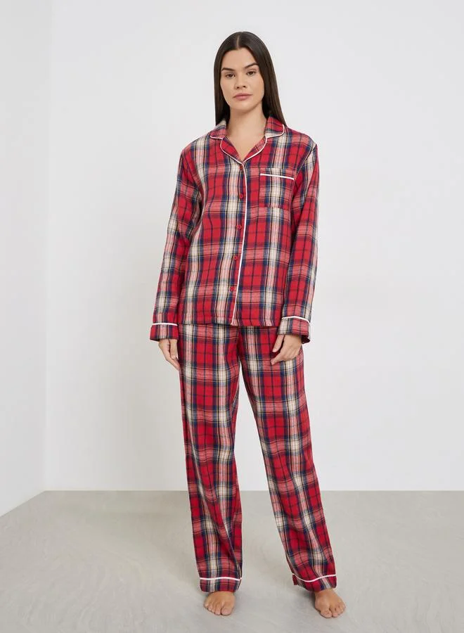 Styli Styli Family Pyjamas - Women Check Pocket Piped Shirt and Pyjama Set