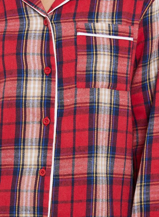 Styli Red Styli Family Pyjamas - Women Check Pocket Piped Shirt and Pyjama Set for Women | Best Price UAE