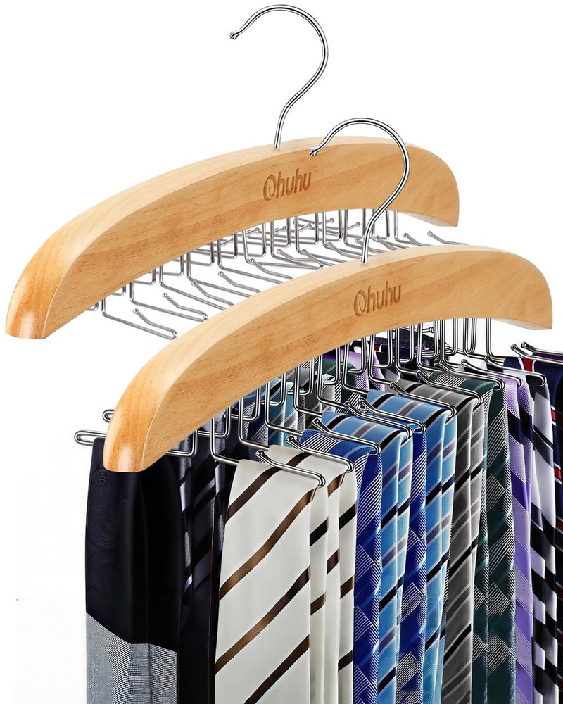Ohuhu Tie Rack Hanger for Closet: Ohuhu 2 Packs 24 Folding Hooks Tie Hangers for Men Wooden Tie Holder Organizer Space Saving Necktie Storage 360 Degree Rotating Ties Belts Scarves Tank Tops-Burlywood - Image 1
