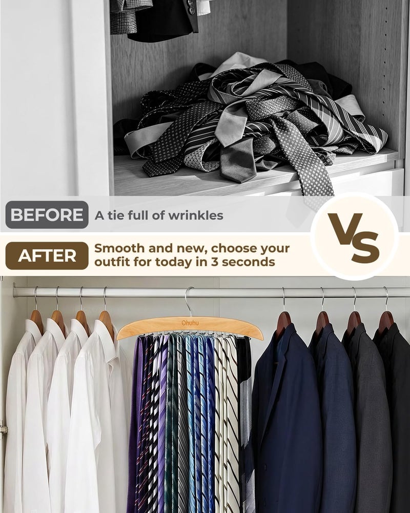 Ohuhu Tie Rack Hanger for Closet: Ohuhu 2 Packs 24 Folding Hooks Tie Hangers for Men Wooden Tie Holder Organizer Space Saving Necktie Storage 360 Degree Rotating Ties Belts Scarves Tank Tops-Burlywood - Image 2