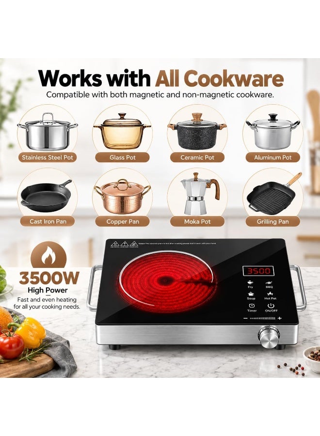 XVersion 3500W Electric Infrared Cooker, Portable Ceramic Hot Plate with Adjustable Temperature and Handle for Cooking, Home Kitchen Use - Image 3