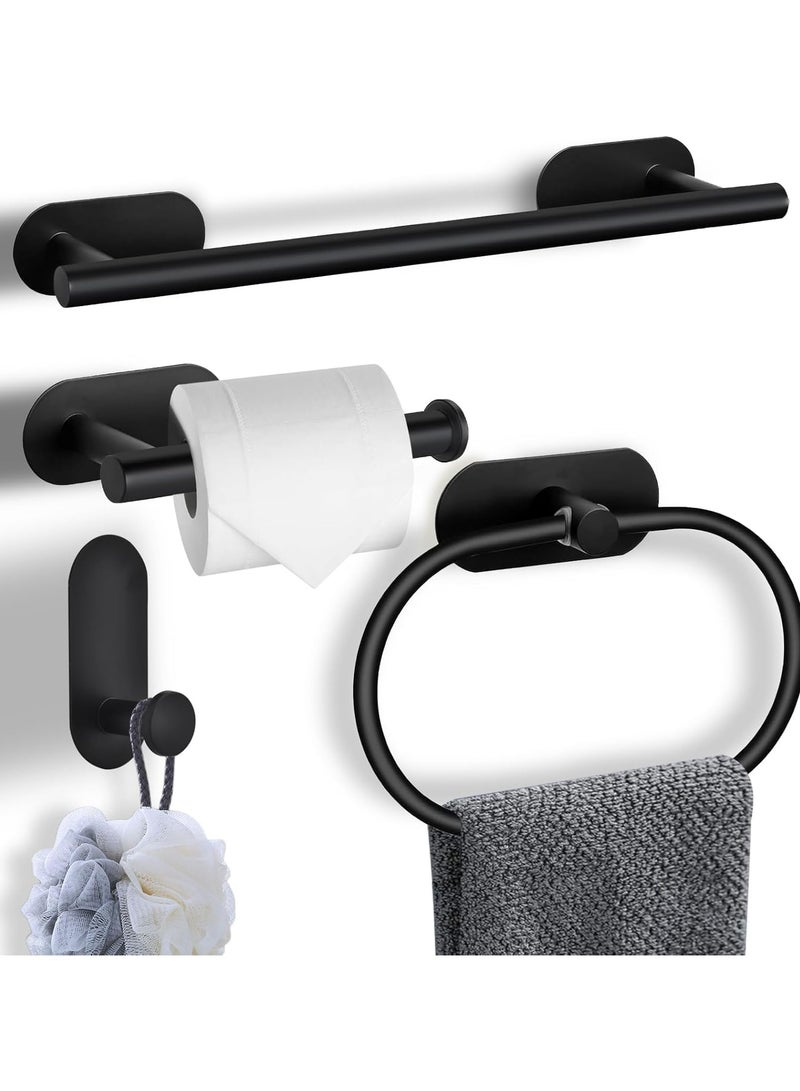 4 Pcs Matte Black Bathroom Hardware Set,Wall Mounted Stainless Steel Towel Bar Set Including 16in Towel Bar, Adhesive Toilet Paper Holder, Towel Ring, Hooks, No Drill  - Image 1