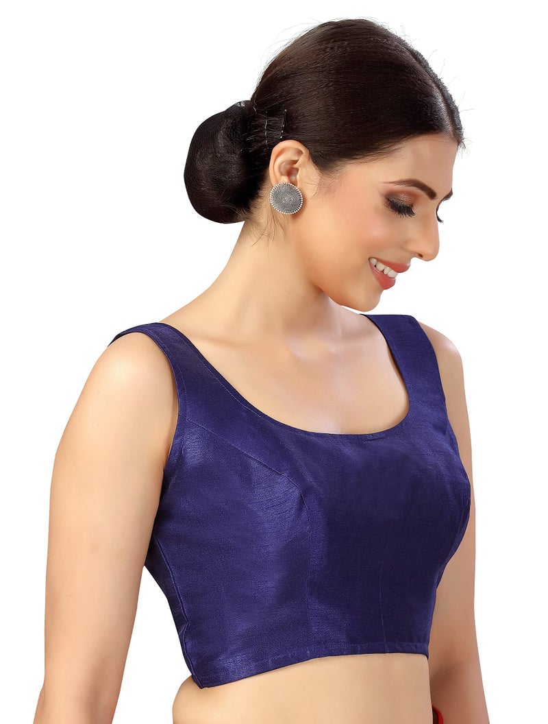 Studio Shringaar Women's Readymade Art Silk Sleeveless Saree Blouse (Navy Blue, 34) - Image 3