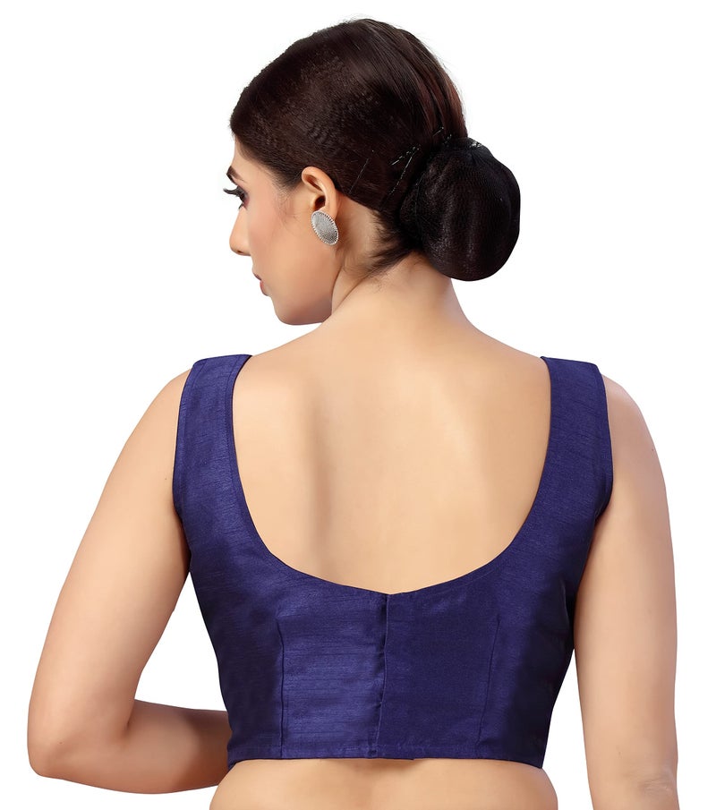 Studio Shringaar Women's Readymade Art Silk Sleeveless Saree Blouse (Navy Blue, 34) - Image 4