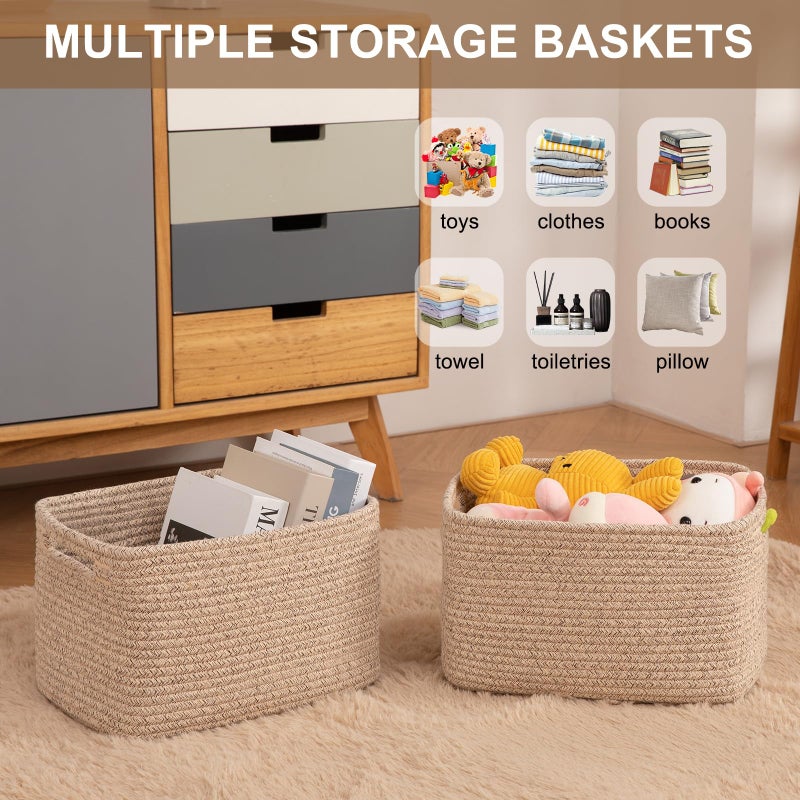 OIASKET Storage Baskets for Organizing, Woven Decorative Baskets for Shelves - Books, Towels, and Clothes, Cotton Rope Toy Storage Bins, 12.7''Lx9''Wx7.8''H, Pack of 4, Brown - Image 4