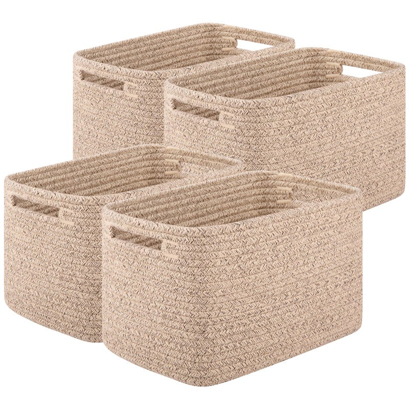 OIASKET Storage Baskets for Organizing, Woven Decorative Baskets for Shelves - Books, Towels, and Clothes, Cotton Rope Toy Storage Bins, 12.7''Lx9''Wx7.8''H, Pack of 4, Brown - Image 1