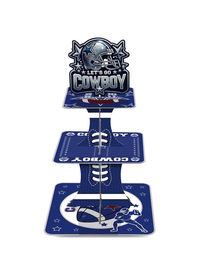 VorkiVecKi Blue Cowboy Cupcake Stand - 3 Tier Football Dessert Cup Cake Tower Holder Set Display, Birthday Party Pastry Baby Shower Decorations Square Table Tiered Sports Decor Supplies for Kids Boys - Image 1
