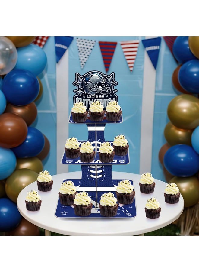 VorkiVecKi Blue Cowboy Cupcake Stand - 3 Tier Football Dessert Cup Cake Tower Holder Set Display, Birthday Party Pastry Baby Shower Decorations Square Table Tiered Sports Decor Supplies for Kids Boys - Image 2