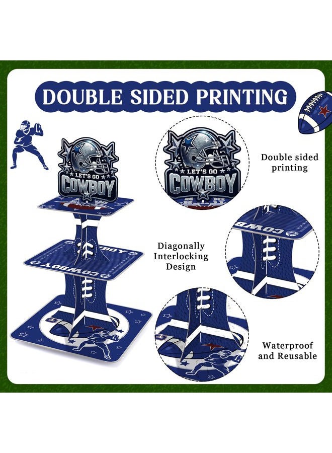 VorkiVecKi Blue Cowboy Cupcake Stand - 3 Tier Football Dessert Cup Cake Tower Holder Set Display, Birthday Party Pastry Baby Shower Decorations Square Table Tiered Sports Decor Supplies for Kids Boys - Image 4