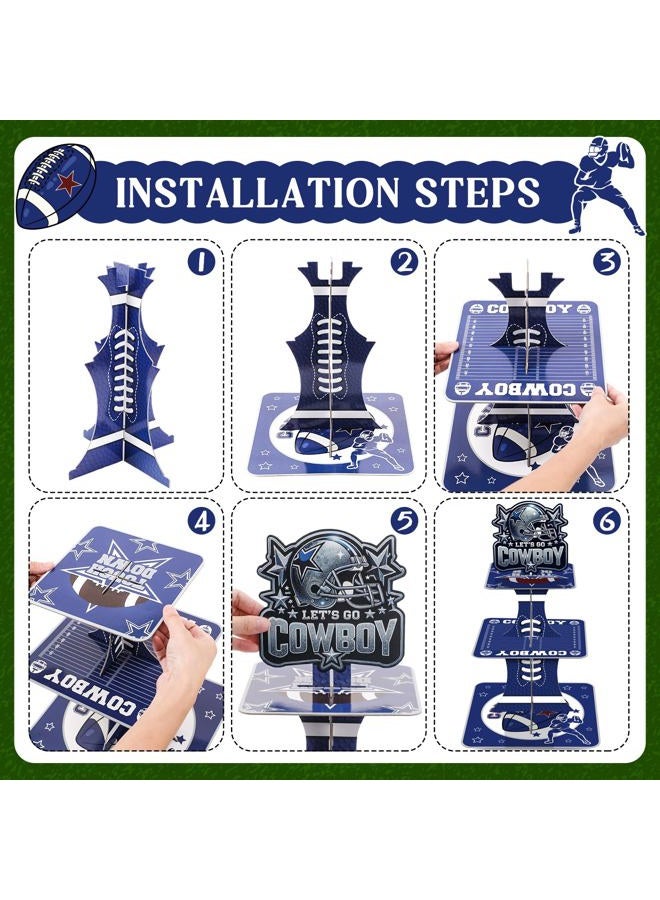 VorkiVecKi Blue Cowboy Cupcake Stand - 3 Tier Football Dessert Cup Cake Tower Holder Set Display, Birthday Party Pastry Baby Shower Decorations Square Table Tiered Sports Decor Supplies for Kids Boys - Image 5