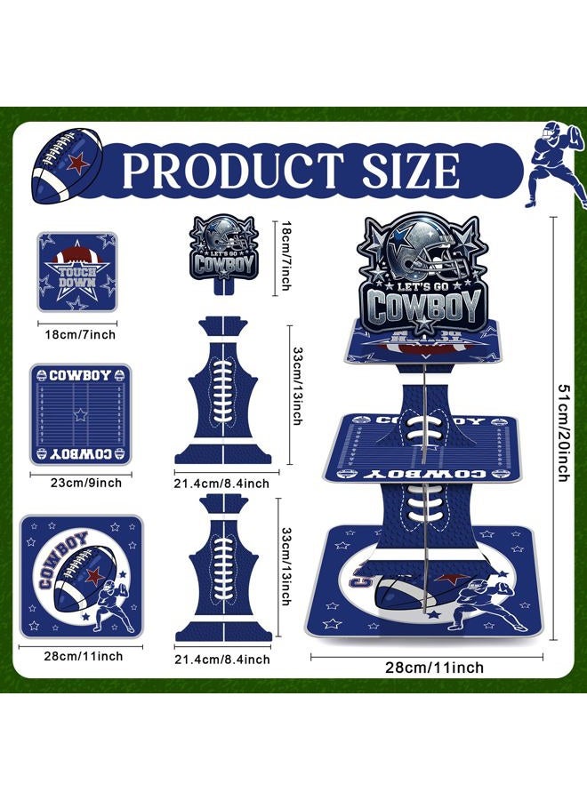 VorkiVecKi Blue Cowboy Cupcake Stand - 3 Tier Football Dessert Cup Cake Tower Holder Set Display, Birthday Party Pastry Baby Shower Decorations Square Table Tiered Sports Decor Supplies for Kids Boys - Image 3