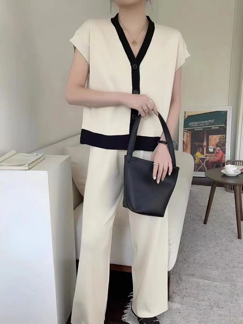 2023V Collar Sleeveless Knitted Top Wide Leg Pants Womens Design Chic Unique Casual Knitted Two-Piece Set Brown  - Image 3