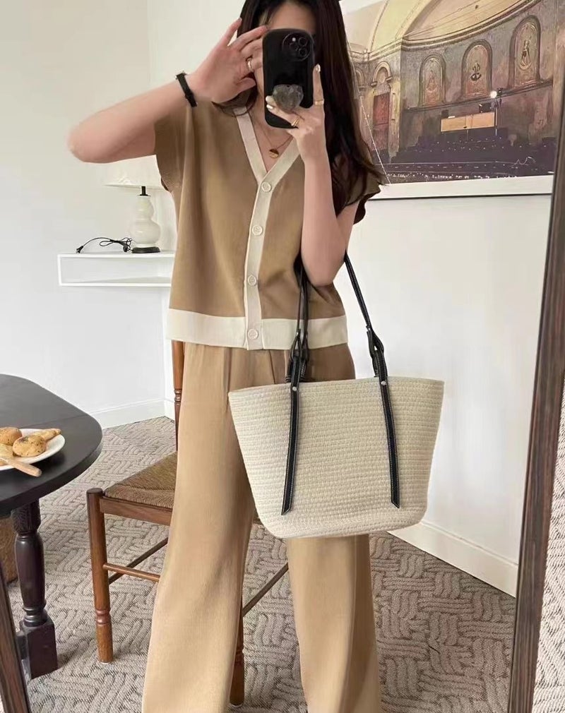 2023V Collar Sleeveless Knitted Top Wide Leg Pants Womens Design Chic Unique Casual Knitted Two-Piece Set Brown  - Image 5