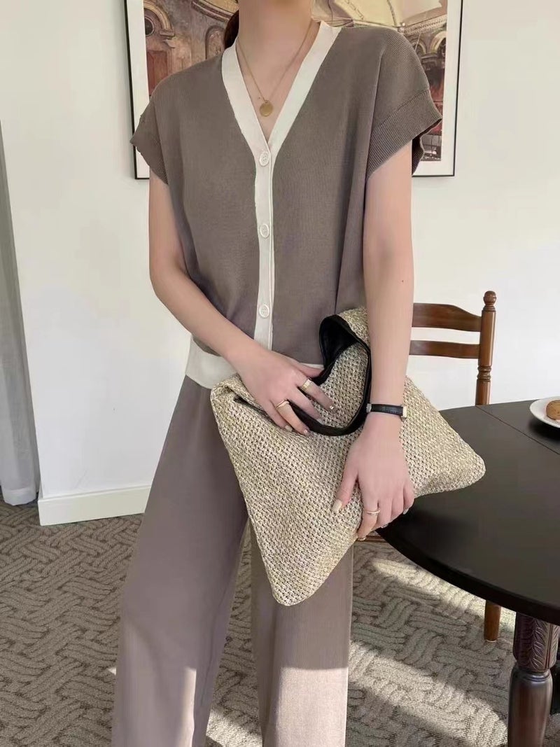 2023V Collar Sleeveless Knitted Top Wide Leg Pants Womens Design Chic Unique Casual Knitted Two-Piece Set Brown  - Image 1