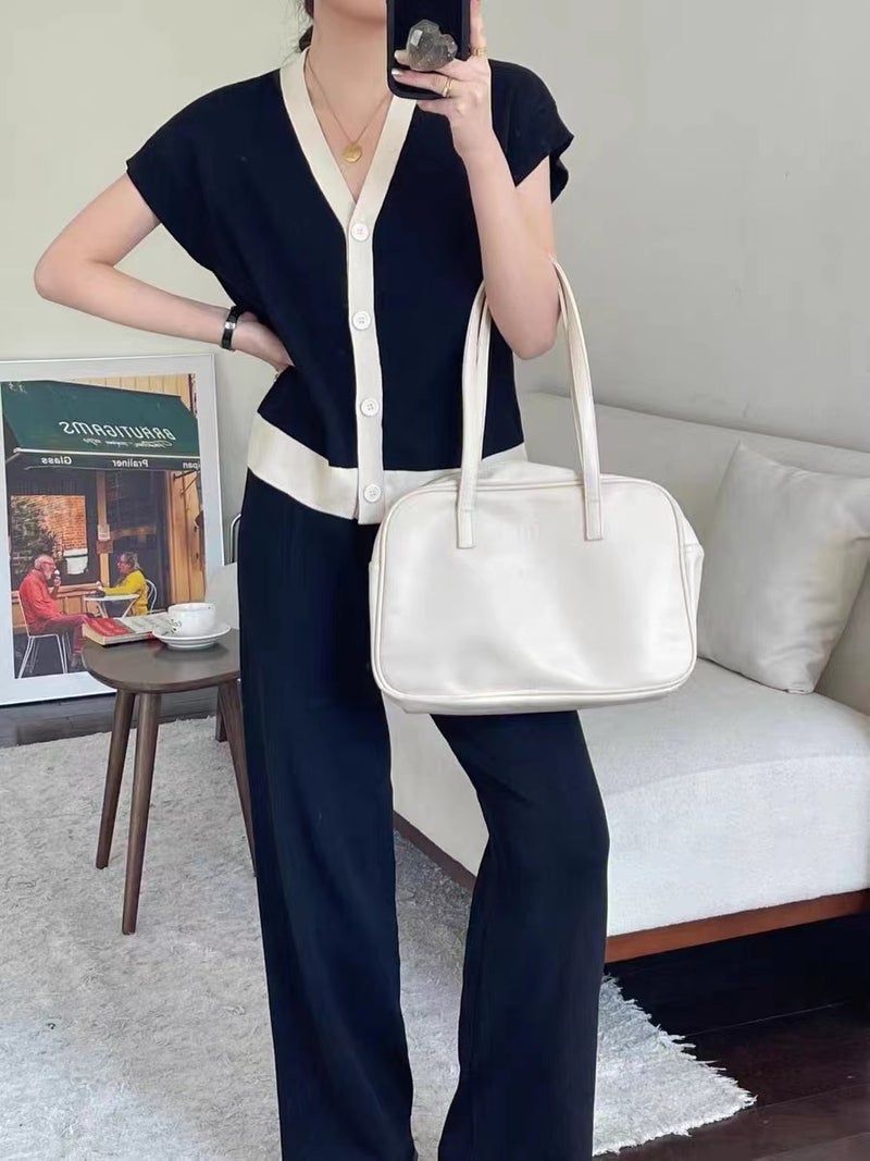 2023V Collar Sleeveless Knitted Top Wide Leg Pants Womens Design Chic Unique Casual Knitted Two-Piece Set Brown  - Image 2