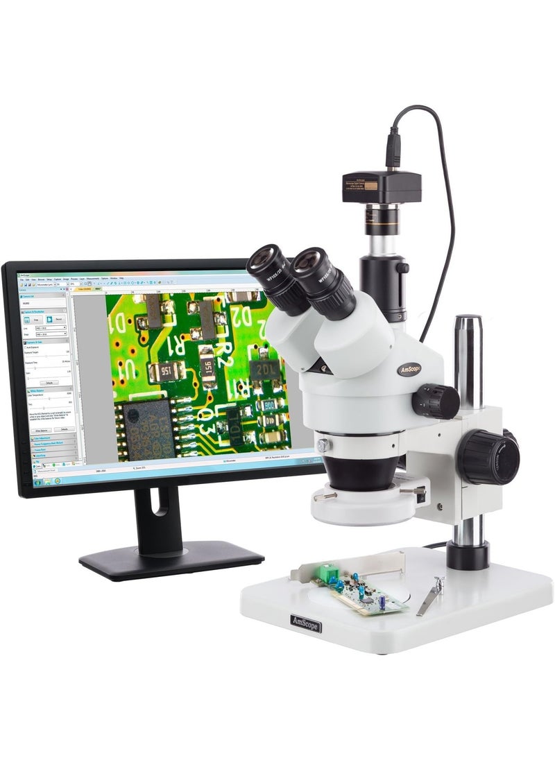 AmScope AmScope SM1TS144SM Digital Professional Trinocular Stereo Zoom Microscope WH10x Eyepieces 7X45X Magnification 07X45X Zoom Objective 144Bulb LED Ring Light Pillar Stand 110V240V Includes 13MP Camera with Reduction Lens and Software  - Image 1