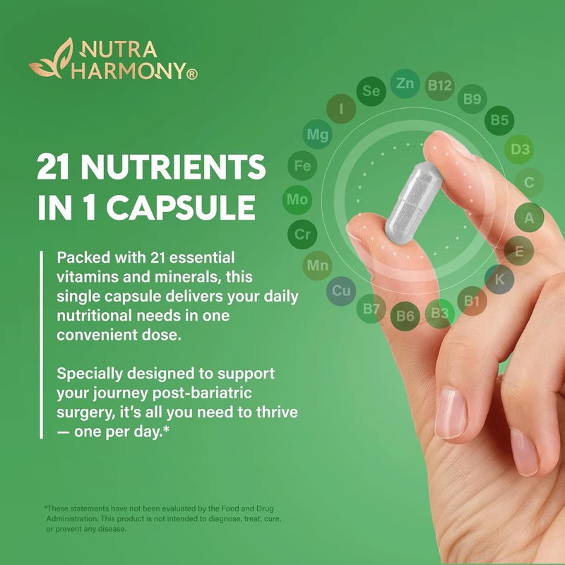NUTRAHARMONY Bariatric Multivitamin  45 mg Iron Supplements  Made in USA  for Women  Men  AllinOne 21 Essential Vitamins  Gastric Sleeve Support  Free of Sugar Gluten  Soy  90 Capsules Once Daily - Image 5