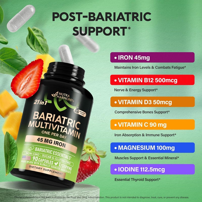 NUTRAHARMONY Bariatric Multivitamin  45 mg Iron Supplements  Made in USA  for Women  Men  AllinOne 21 Essential Vitamins  Gastric Sleeve Support  Free of Sugar Gluten  Soy  90 Capsules Once Daily - Image 4