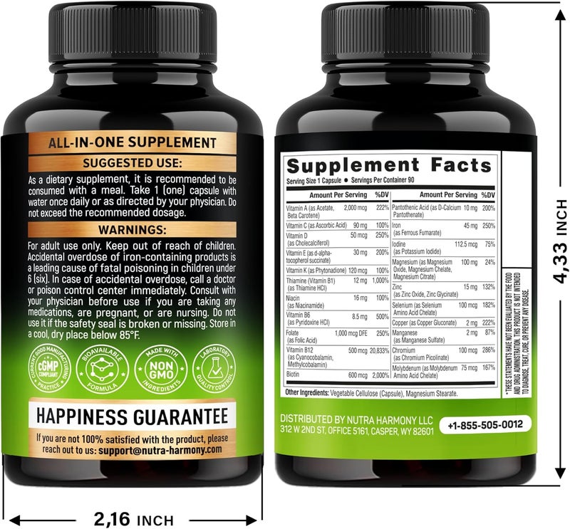 NUTRAHARMONY Bariatric Multivitamin  45 mg Iron Supplements  Made in USA  for Women  Men  AllinOne 21 Essential Vitamins  Gastric Sleeve Support  Free of Sugar Gluten  Soy  90 Capsules Once Daily - Image 2