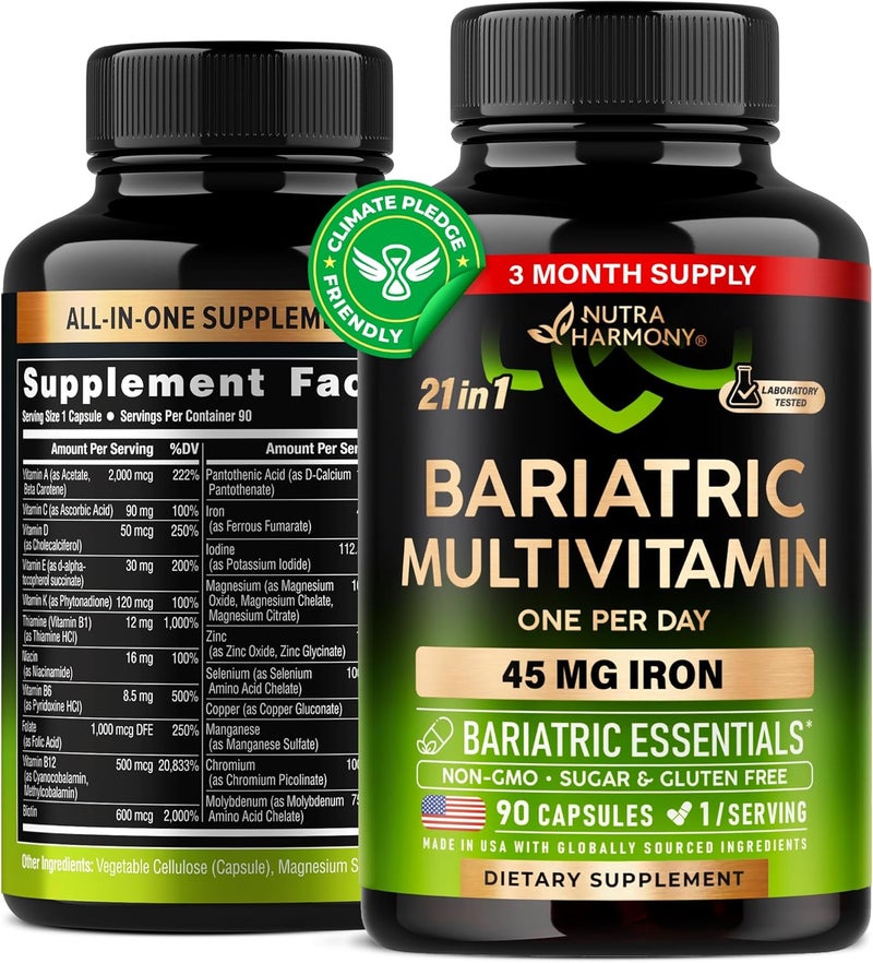 NUTRAHARMONY Bariatric Multivitamin  45 mg Iron Supplements  Made in USA  for Women  Men  AllinOne 21 Essential Vitamins  Gastric Sleeve Support  Free of Sugar Gluten  Soy  90 Capsules Once Daily - Image 1