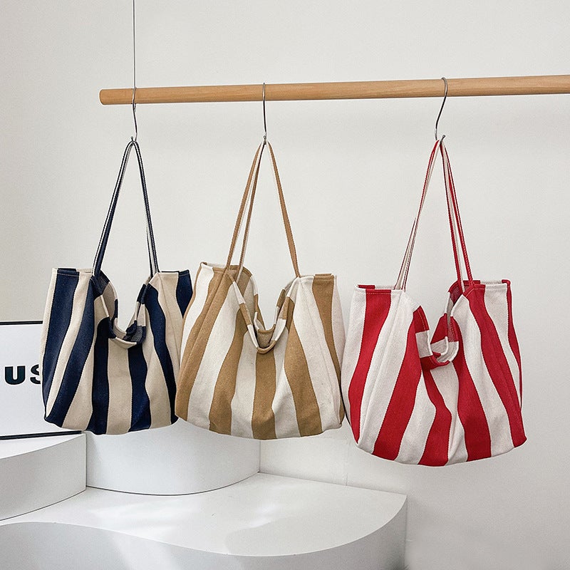 Artistic Casual Large Capacity Canvas Tote Bag 2025 Spring New Korean Style Striped Fashion Portable Shoulder Bag - Image 2