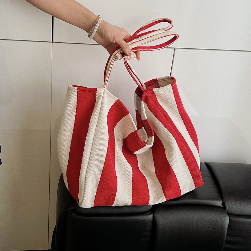 Artistic Casual Large Capacity Canvas Tote Bag 2025 Spring New Korean Style Striped Fashion Portable Shoulder Bag - Image 3