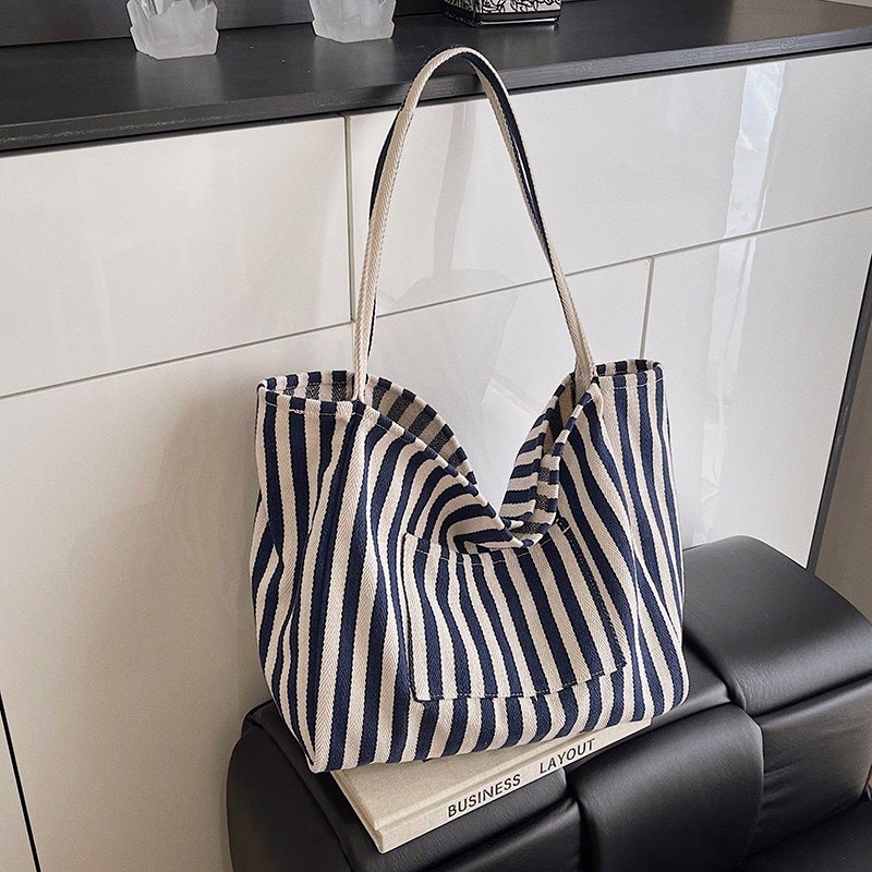 Artistic Casual Large Capacity Canvas Tote Bag 2025 Spring New Korean Style Striped Fashion Portable Shoulder Bag - Image 1