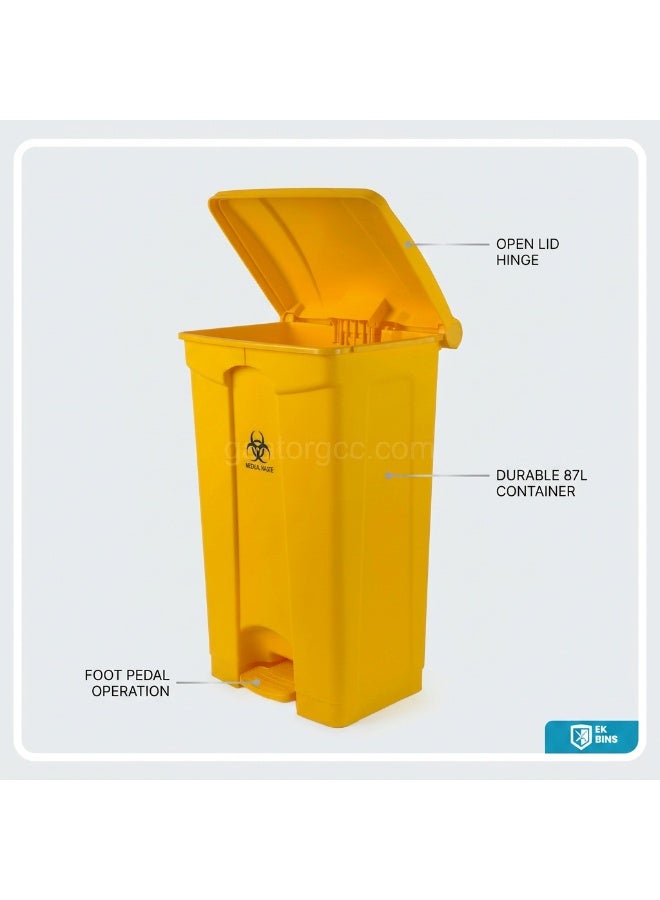 EK Bins Plastic Garbage Bin | Medical Waste Pedal Bin | Hands-Free Covered Waste Bin | Clinical & Utility Use | 87L | Yellow - Image 2