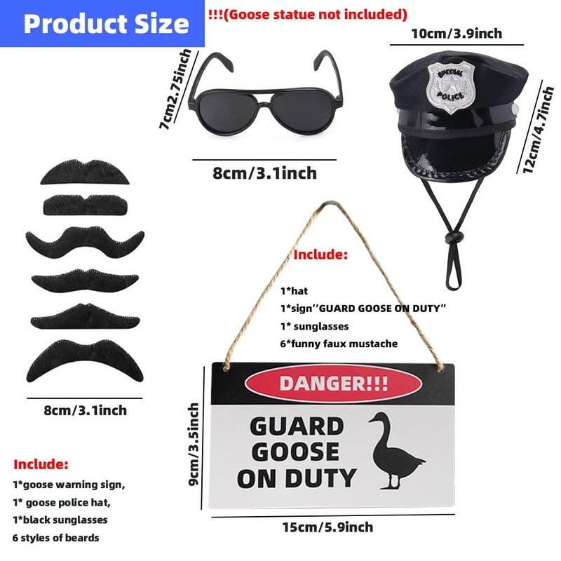 ZANOLY 9pcs Goose Outfit,Porch Goose Outfits,Lawn Goose Statue Costume for 17"/23" Cement Patio Garden Outdoor Statue Decor,Police Hat Eyeglasses PVC Sign Danger Guard Goose on Duty (Police) - Image 3