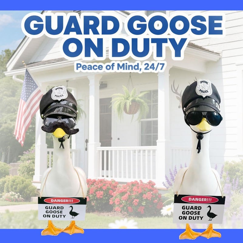 ZANOLY 9pcs Goose Outfit,Porch Goose Outfits,Lawn Goose Statue Costume for 17"/23" Cement Patio Garden Outdoor Statue Decor,Police Hat Eyeglasses PVC Sign Danger Guard Goose on Duty (Police) - Image 2