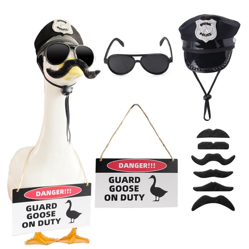 ZANOLY 9pcs Goose Outfit,Porch Goose Outfits,Lawn Goose Statue Costume for 17"/23" Cement Patio Garden Outdoor Statue Decor,Police Hat Eyeglasses PVC Sign Danger Guard Goose on Duty (Police) - Image 1