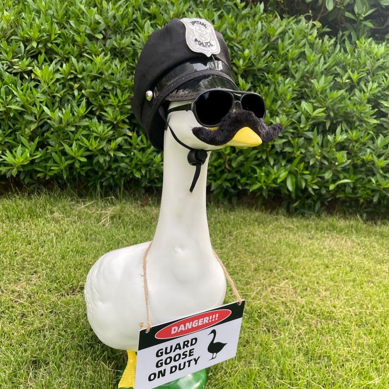 ZANOLY 9pcs Goose Outfit,Porch Goose Outfits,Lawn Goose Statue Costume for 17"/23" Cement Patio Garden Outdoor Statue Decor,Police Hat Eyeglasses PVC Sign Danger Guard Goose on Duty (Police) - Image 4