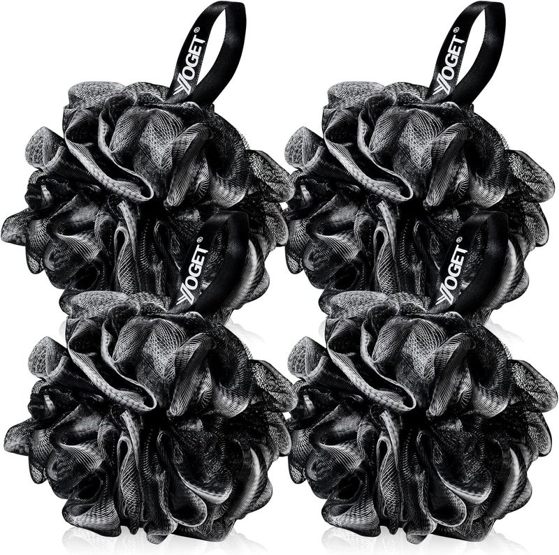 Yoget Bath Loofah Sponge 4 Pack Black 60G Shower Mesh Ball Soft Pouf Body Scrubber Exfoliate Cleanse Soothe Skin Black Loofah with White Trim