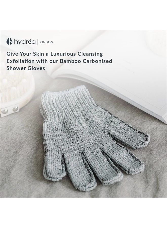 Hydrea London Exfoliating Gloves - Carbonised Bamboo Face Exfoliator & Body Scrubber for Men & Women - Deep-Cleansing & Smoothing Shower Mitt Exfoliant - Charcoal Facial Bath Scrub for Skincare - Image 1