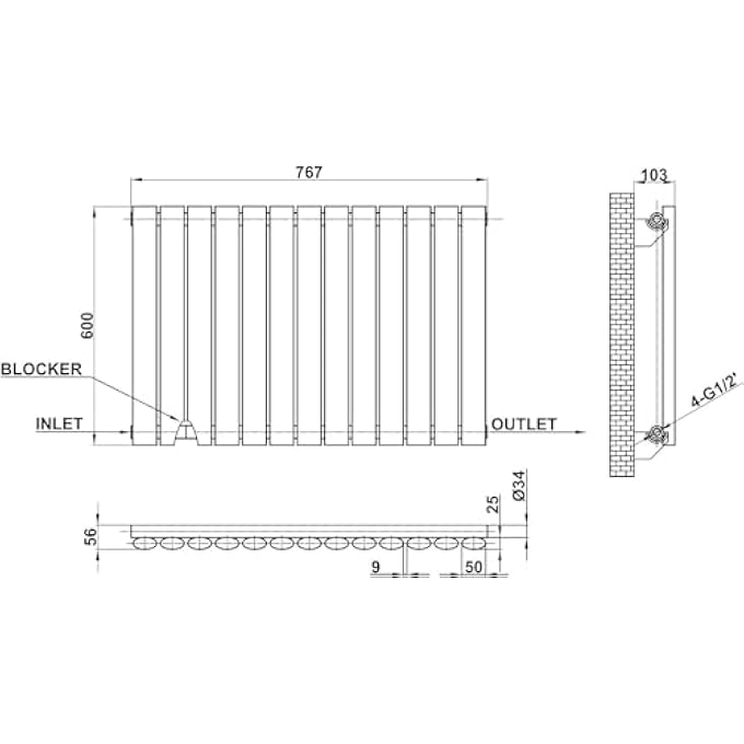 HORIZONTAL RADIATOR ANTHRACITE OVAL COLUMN DESIGNER 600X767MM SINGLE MODERN CENTRAL HEATING RADS - Image 2