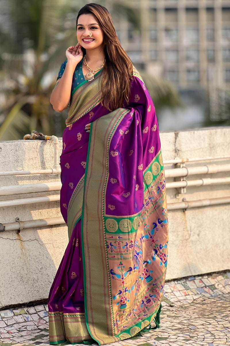 SGF11 Women's Kanjivaram Paithani Pure Soft Silk Saree With Blouse Piece (Purple) - Image 5